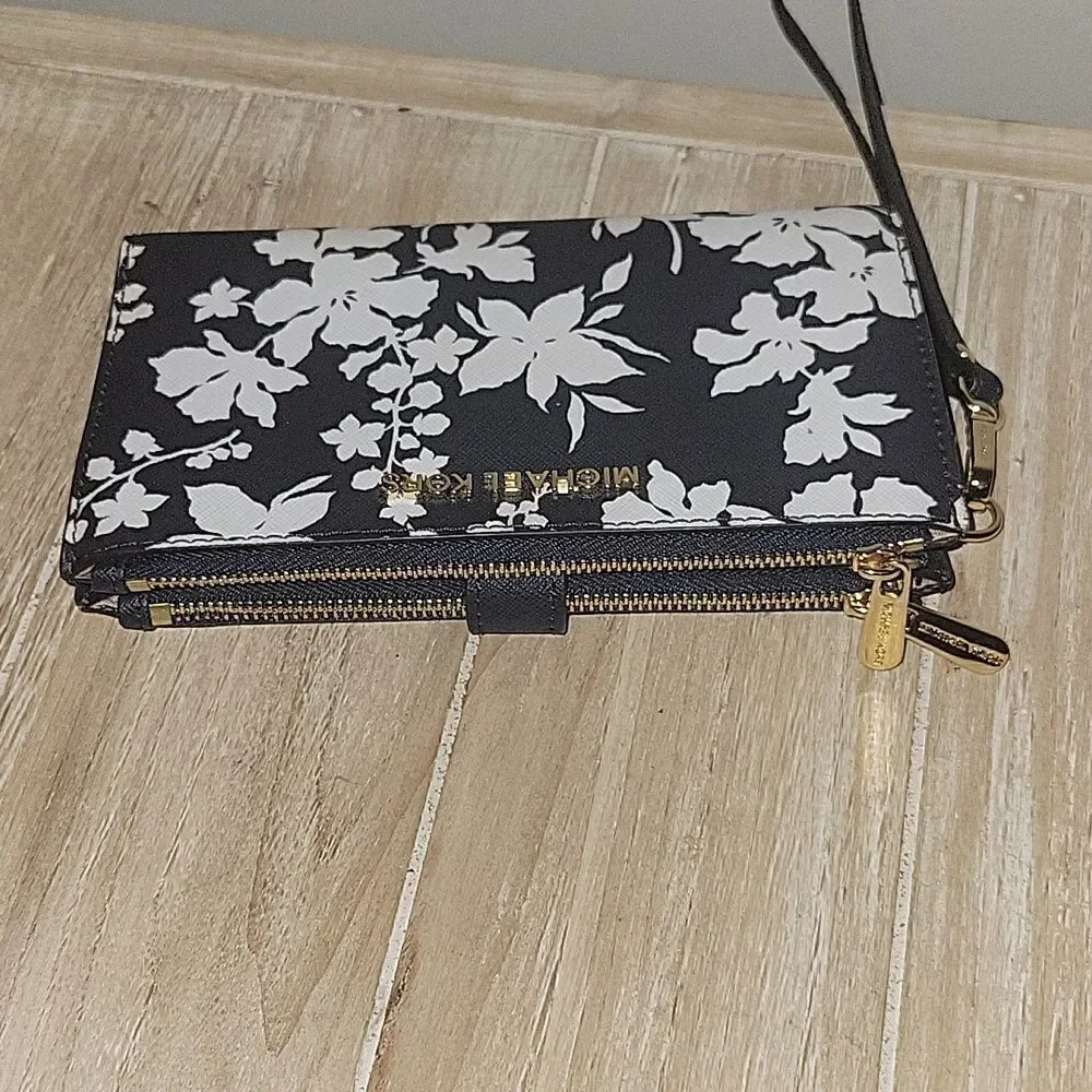 Michael Kors Jet Set Travel Double Zip Wristlet Navy Blue Floral Wallet